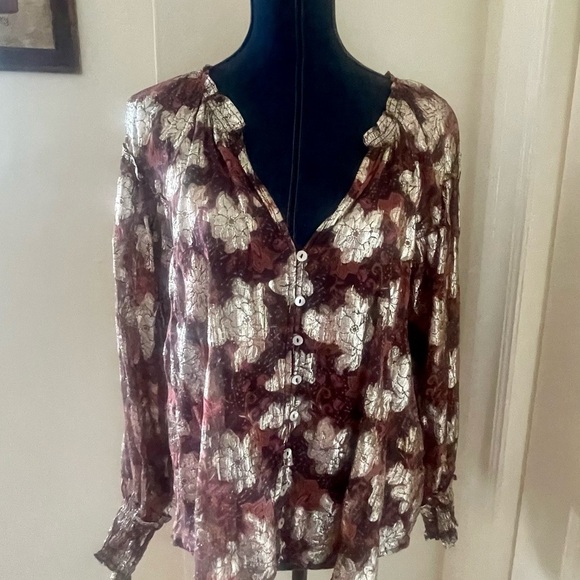 FREE PEOPLE Sheer bohemian oversized floral blouse size small gold Anthropology - Picture 3 of 11